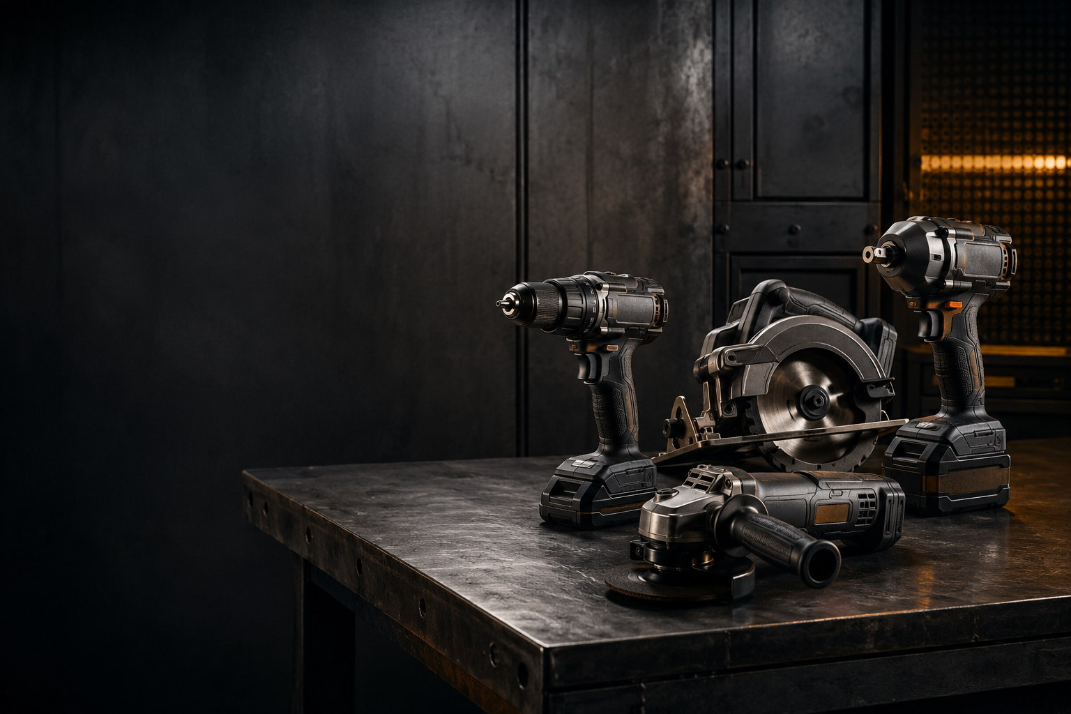 Professional cordless power tools arranged on a steel workbench